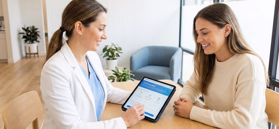 Treatment coordinator walking a patient through a monthly payment plan